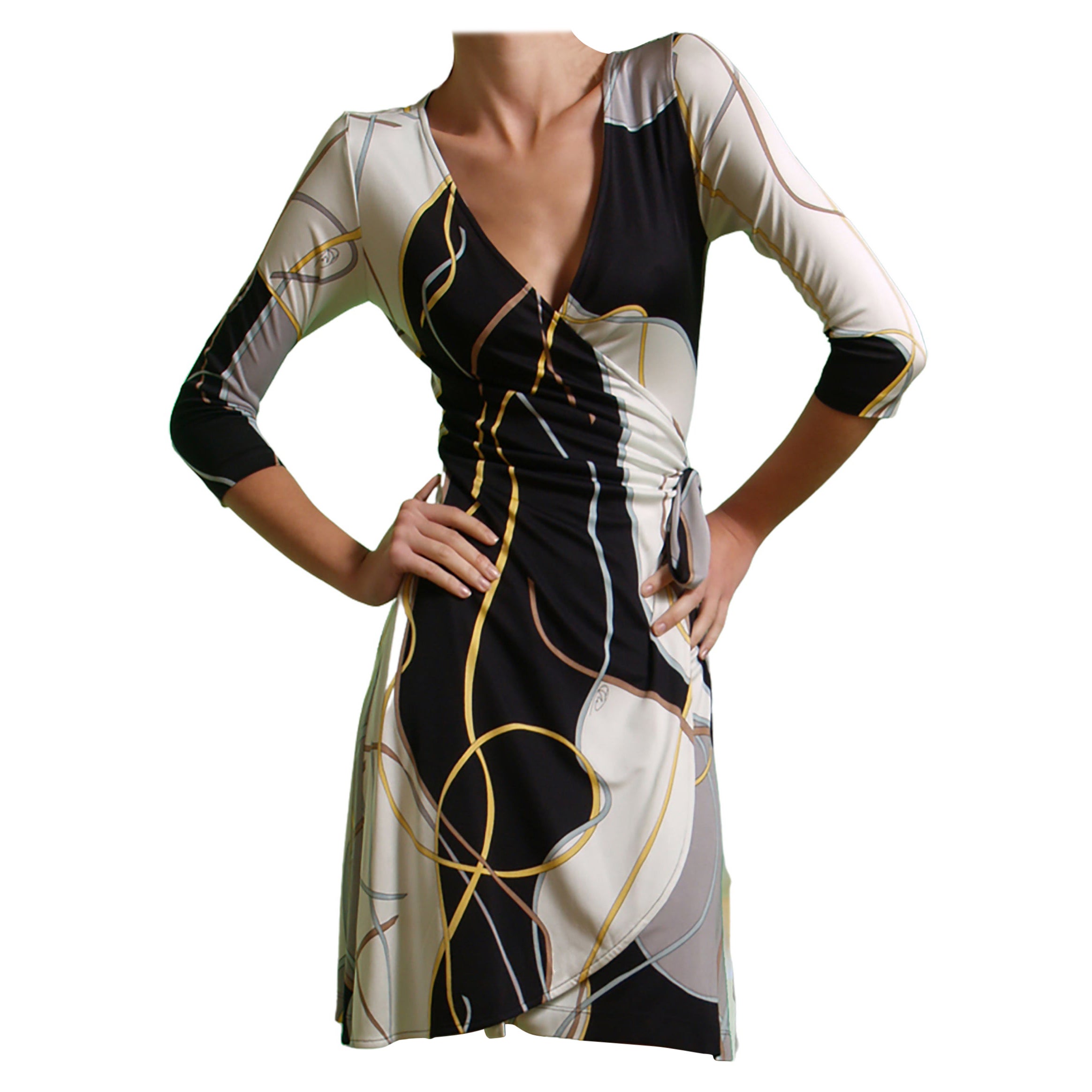 Gray ribbon print silk jersey wrap dress FLORA KUNG - NWT For Sale