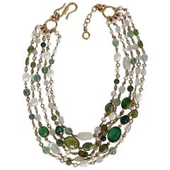 Goossens Paris 5 Row Tinted Green Rock Crystal and Pearl Necklace