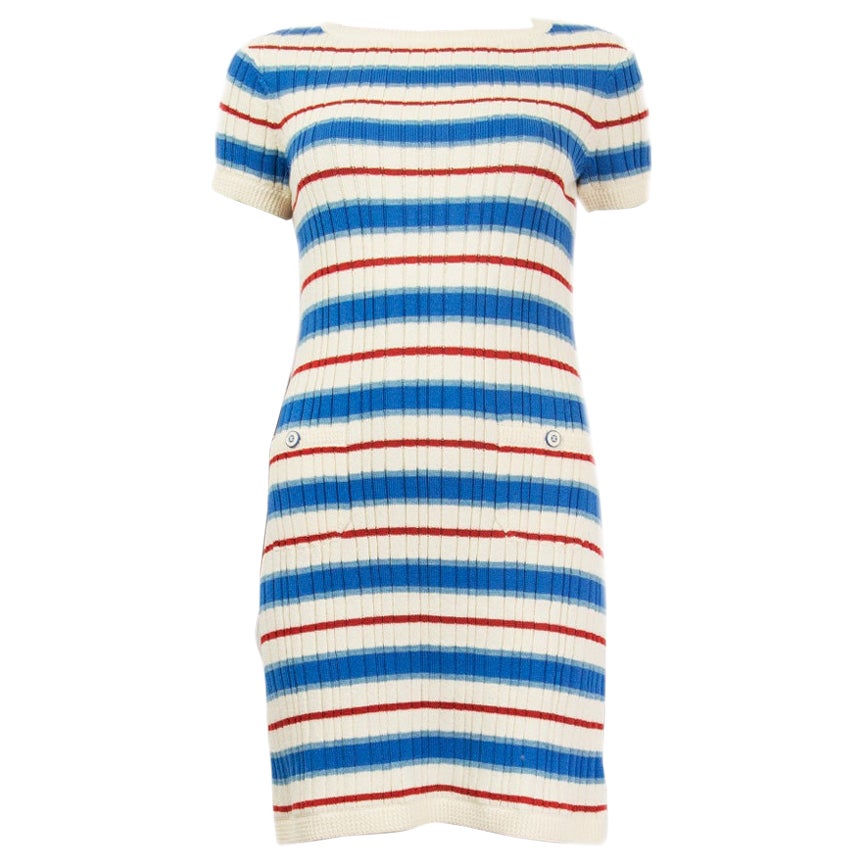 CHANEL white blue red STRIPED cotton Short Sleeve Knit Dress 38 S at 1stDibs