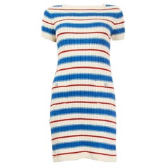 CHANEL white blue red STRIPED cotton Short Sleeve Knit Dress 38 S