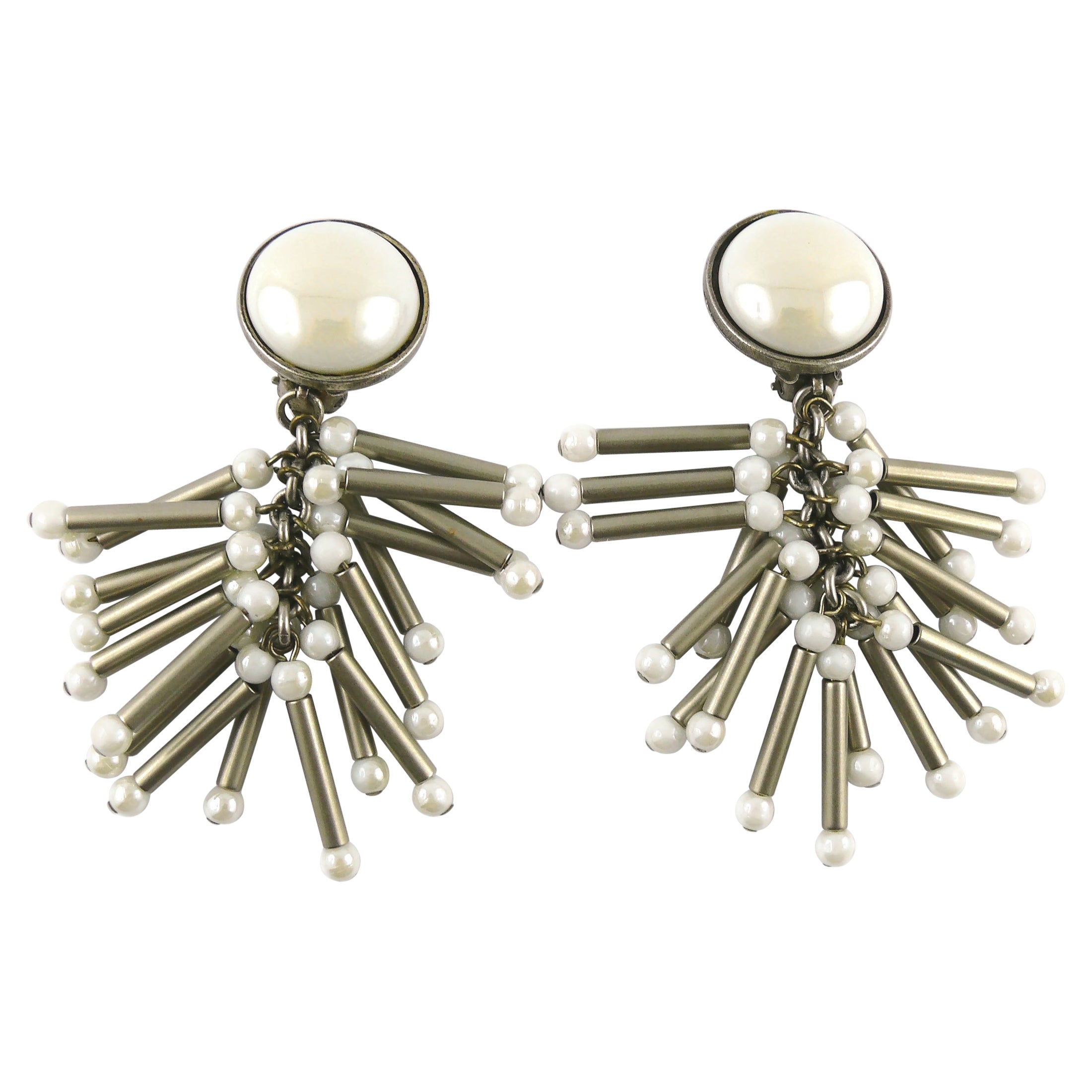 Paco Rabanne Vintage Antiqued Silver Toned Tubular Charms Dangling Earrings For Sale