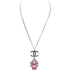 Chanel Pink and White Crystal Baguettes CC Pendant Necklace