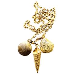 Vintage YSL necklace Seashells Charms Gold Tone link Chain Yves Saint Laurent