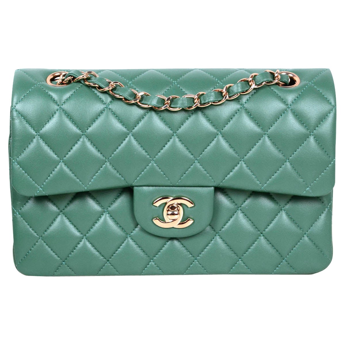 Chanel LIKE NEW 2021 Green 9" Small Quilted Double Flap Classic Bag