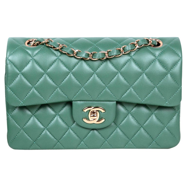 Chanel LIKE NEW 2021 Green 9" Small Quilted Double Flap Classic Bag For Sale