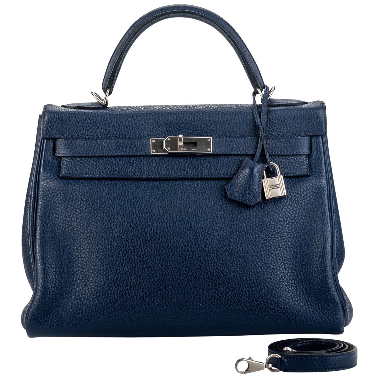 Hermes Kelly 32 Blue Nuit Clemence Satin Bag