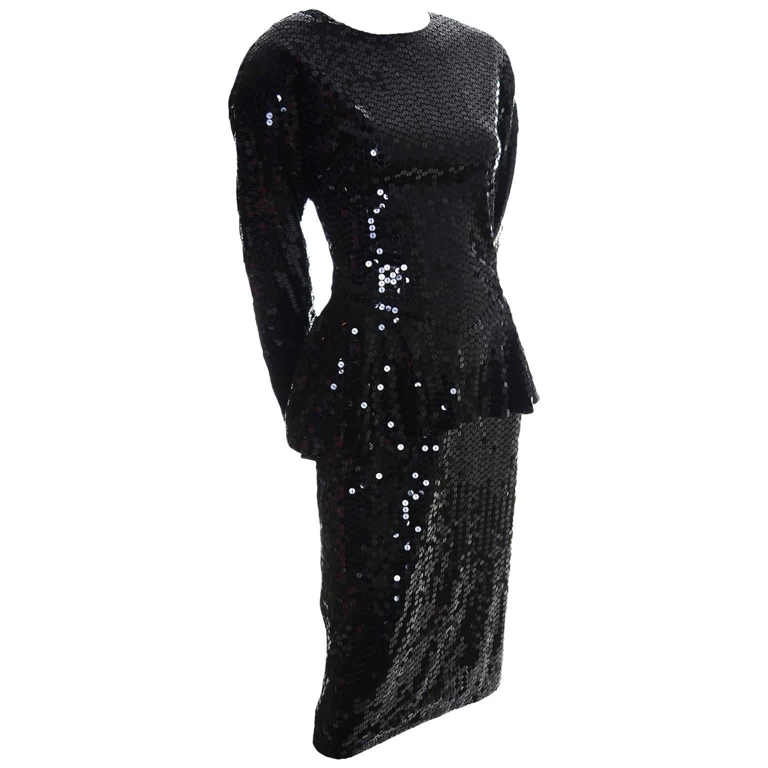 1980s Lillie Rubin Vintage Dress With Peplum in Black With Sequins