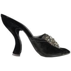 PRADA Size 6.5 Black Velvet Curved Heel Crystal Flower Peep Toe Mules