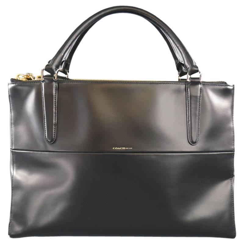 COACH Black Leather Triple Gold Zip Top Handles Borough Bag