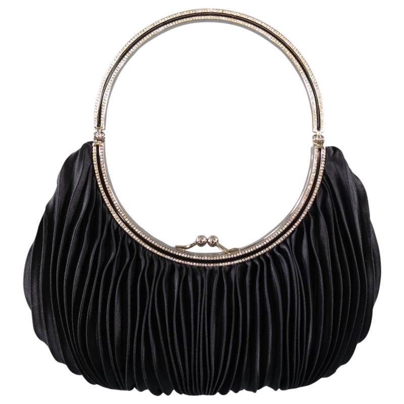 VALENTINO GARAVANI Black Pleated Silk Kiss Lock Crystal Handle Evening Handbag