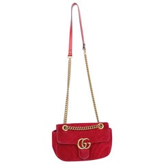 Gucci Red Velvet Mini GG Marmont Shoulder Bag