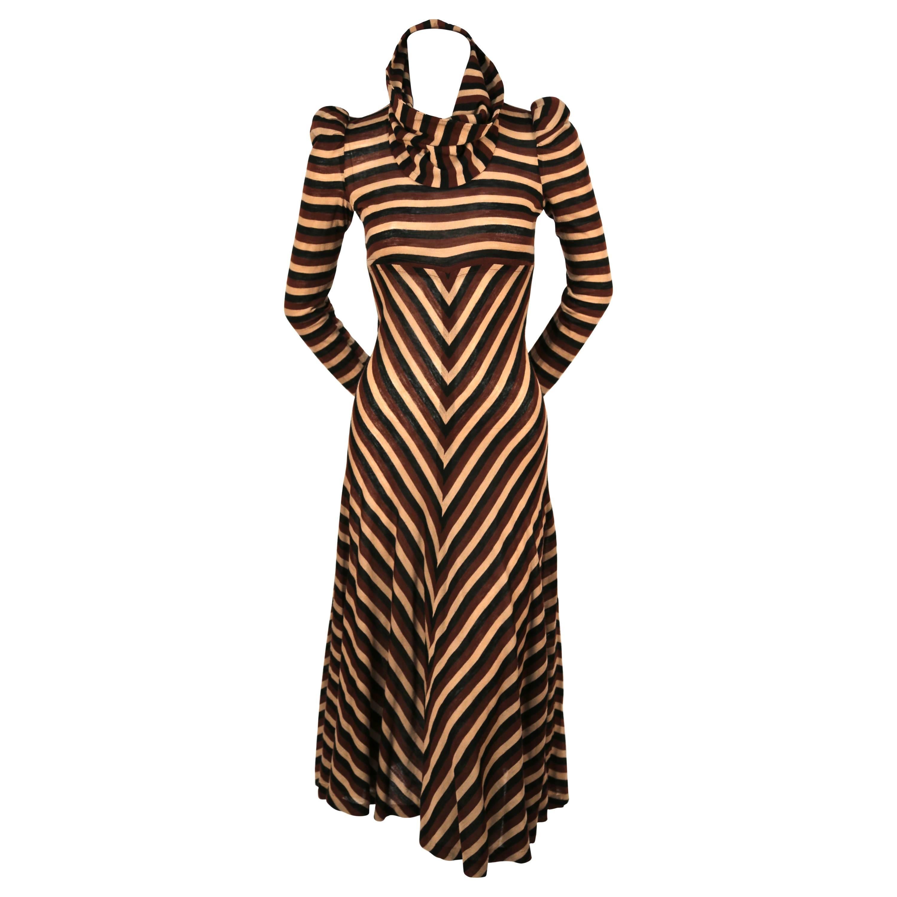 1970's BIBA metallic chevron striped dress with cowl neck 