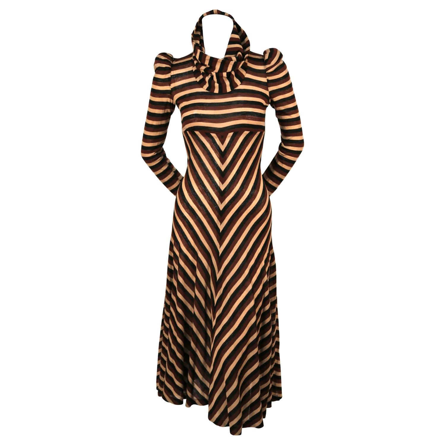 1970's BIBA metallic chevron striped dress with cowl neck For Sale at