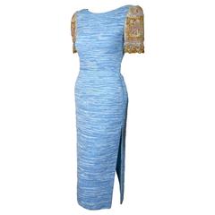 Vintage Mary Mcfadden Couture Sky-Blue Pleated Dress w/Beaded & Sequined Shoulders 