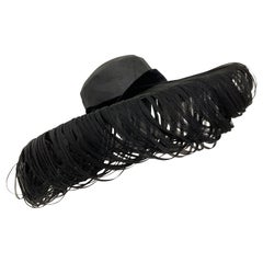 1940s Hattie Carnegie Fine Woven Black Straw Cartwheel Hat W/ Extravagant Loops