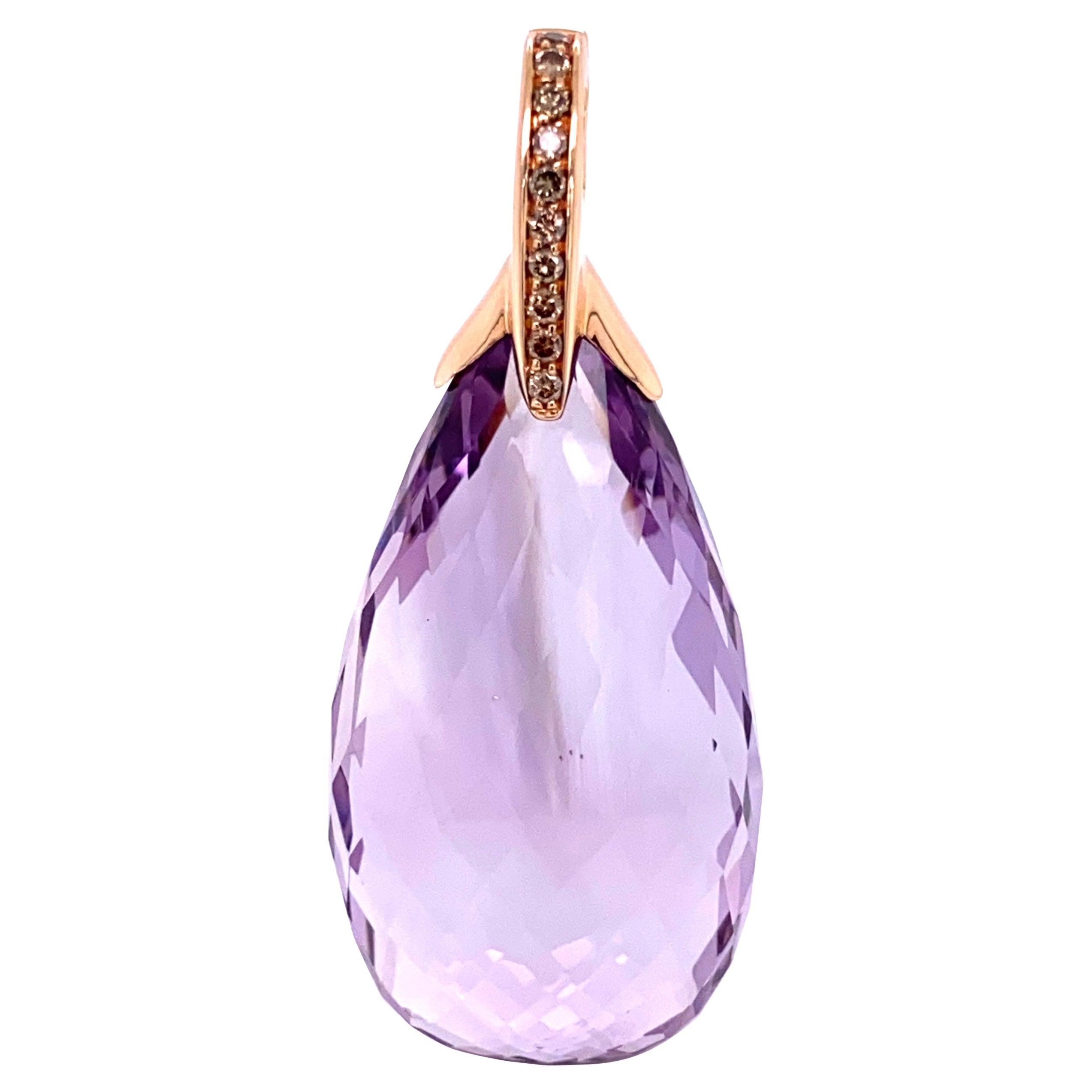 90 Carat Briolette Amethyst and Champagne Diamond Rose Gold Pendant Necklace For Sale