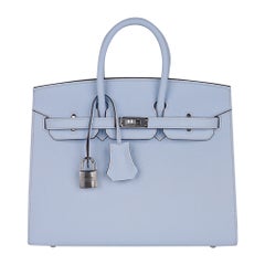 Hermes Birkin 25 Sellier Tasche Blau Brume Epsom Palladium Hardware Neu