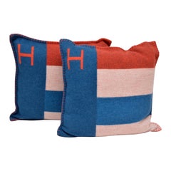 Used Hermes Casaque  Merino Pillow Cushion Set /Two Bleu/Gre  New With Tags  50x50 SZ