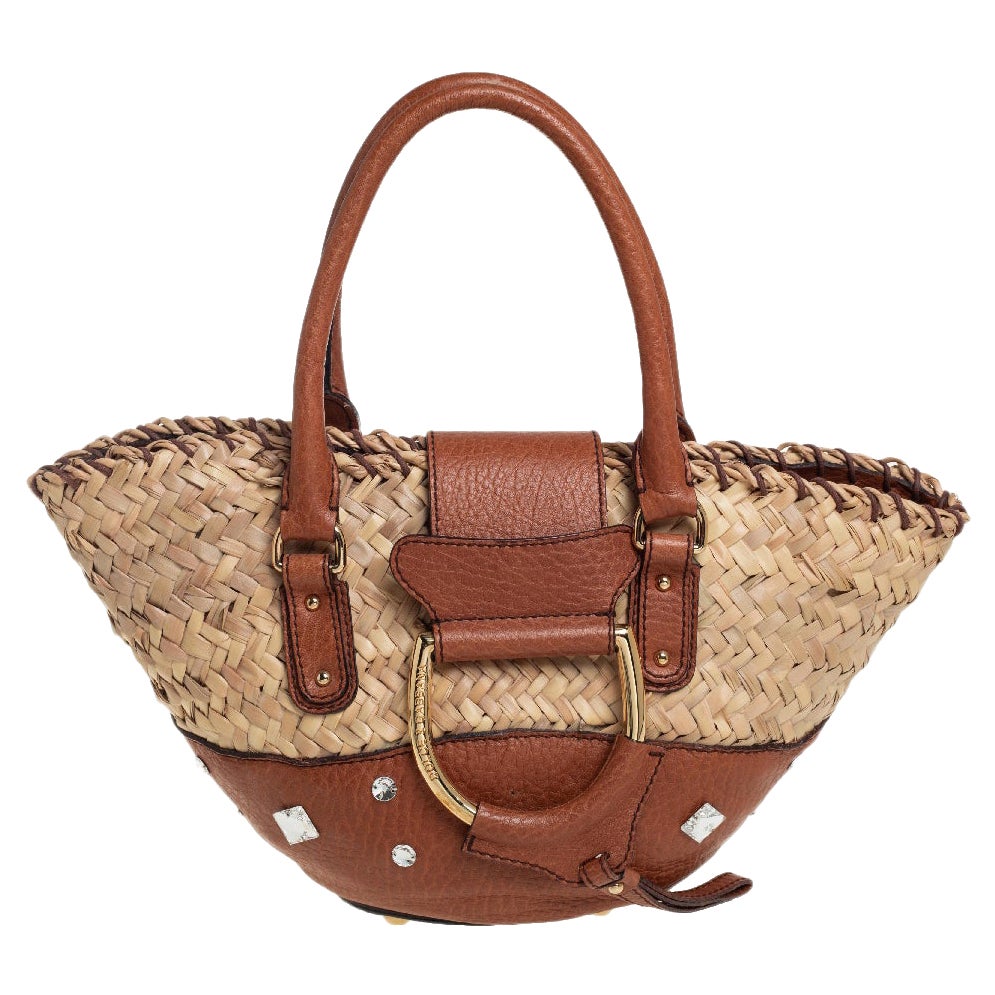 Dolce & Gabbana Brown/Beige Raffia and Leather Small Crystal Embellished Tote