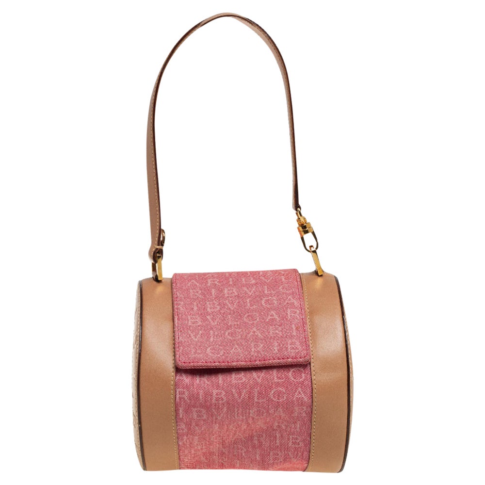 Bvlgari Pink/Beige Denim and Leather Cylinder Bag
