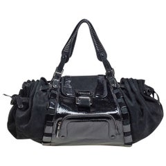 Versace Black Suede and Patent Leather Drawsting Satchel