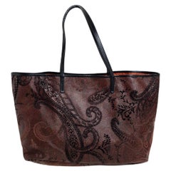 Etro Dark Brown Paisley Print Velvet and Coated Canvas Tote