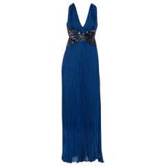 Roberto Cavalli Navy Blue Silk Sequin Embellished Open Back Evening Gown M