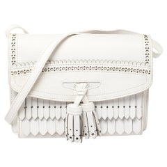 Burberry Chalk White Leather Macken Broguing Tassel Shoulder Bag