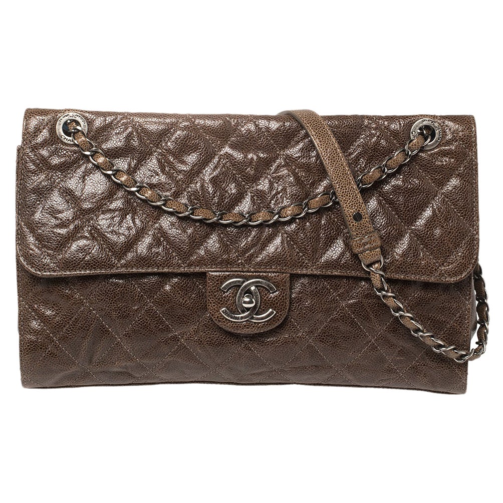 Chanel Brown Quilted Glazed Caviar Leather Jumbo Crave Flap Bag