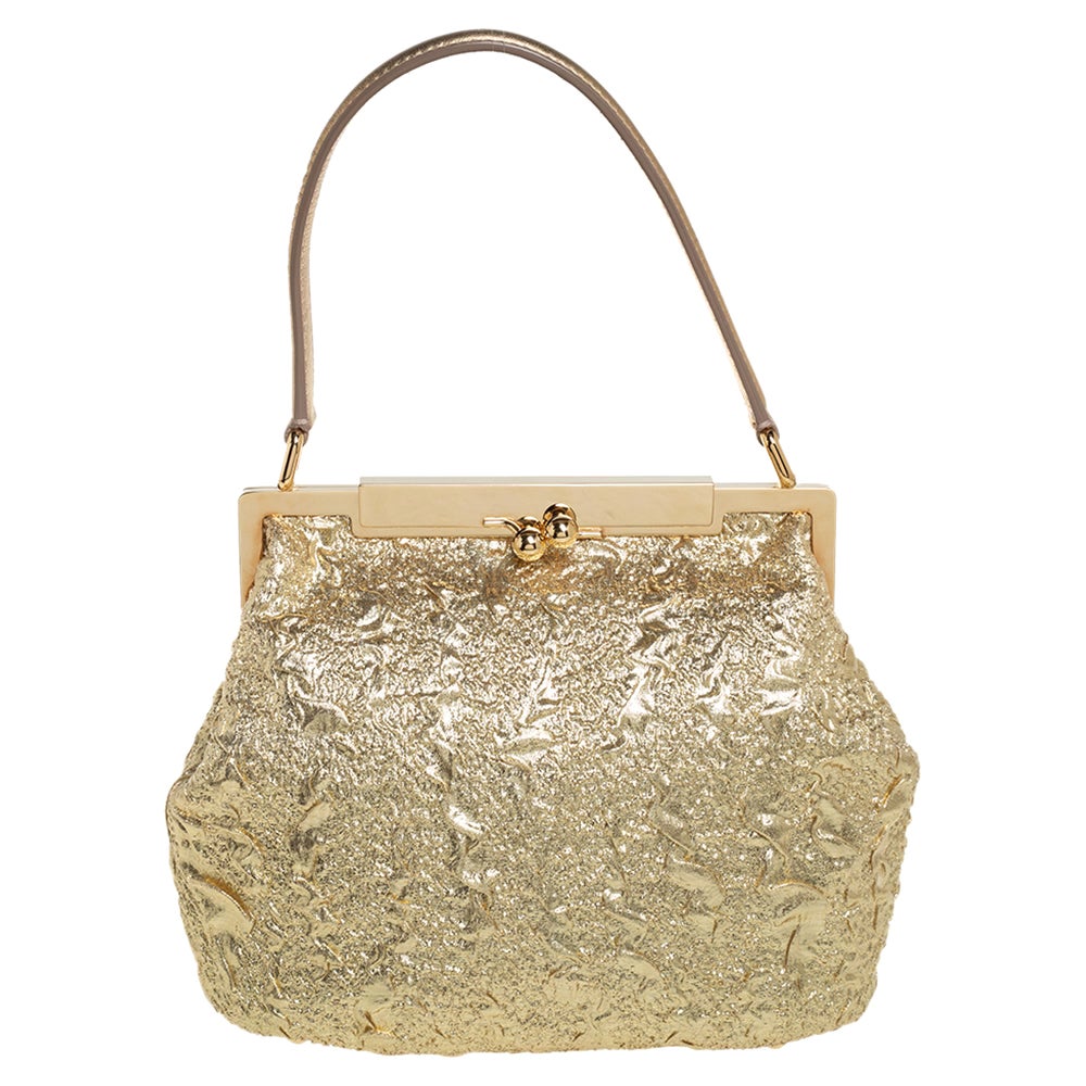 Dolce & Gabbana Metallic Gold Brocade Fabric Sara Frame Bag