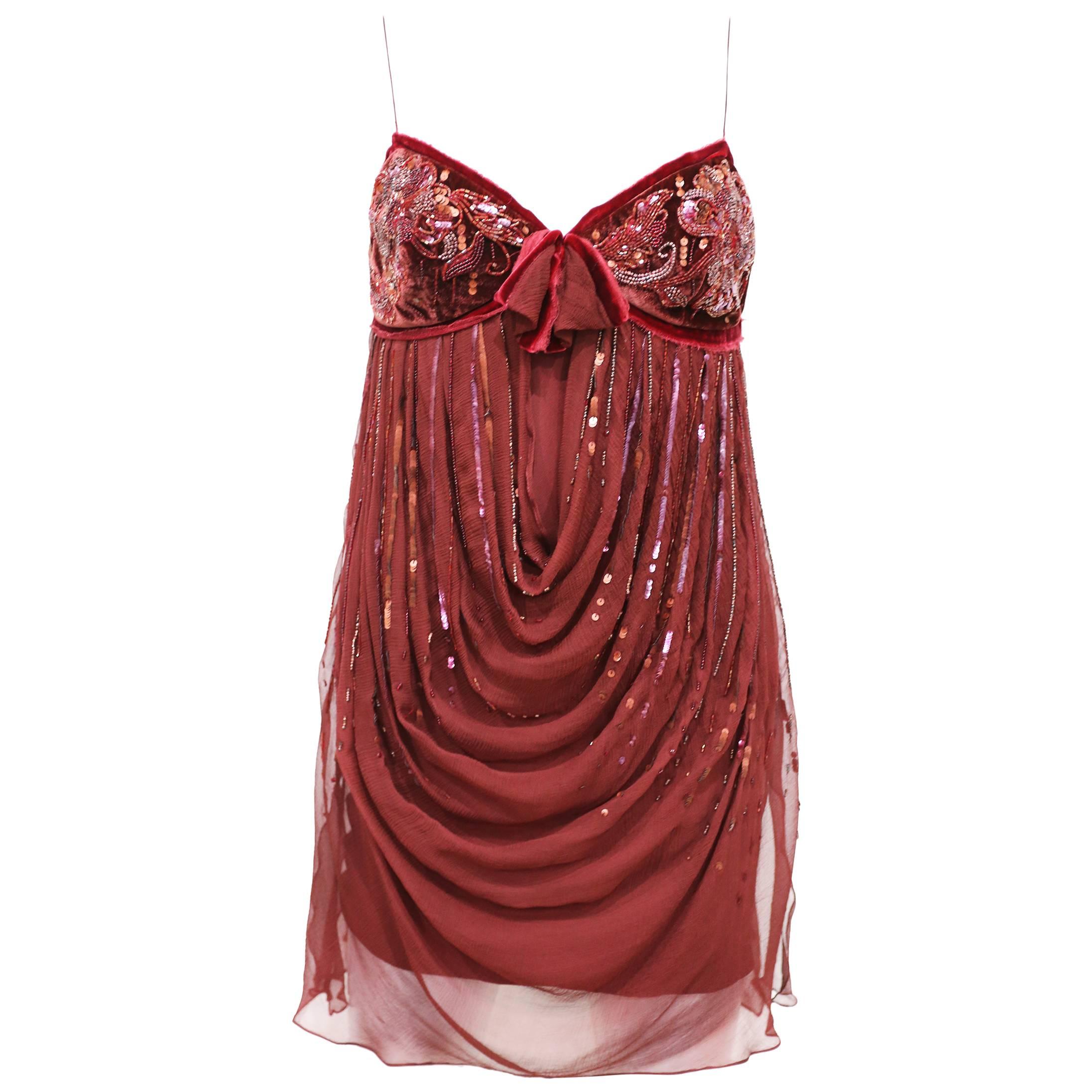 Christian Dior red silk chiffon and velvet embellished evening dress, c. 2005