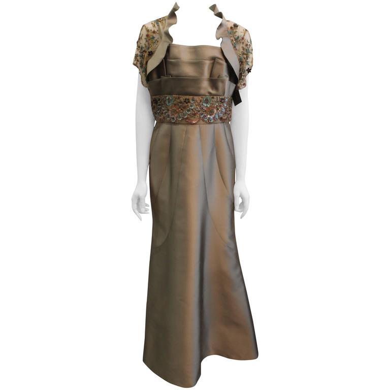 Linda Cunningham Taupe Silk Gown w/ Multi Floral Lace and 3 Tier Ruffle Bust - 10 For Sale at 