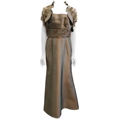 Linda Cunningham Taupe Silk Gown w/ Multi Floral Lace & 3 Tier Ruffle Bust - 10