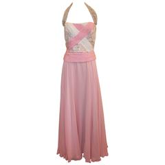 Bill Blass Pink Silk Chiffon & Mesh Gown with Beading - 10 6