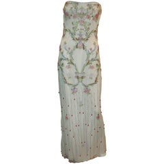 Reem Acra Art Deco Aqua and Multi Floral Silk Blend Beaded Gown - 10