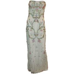 Reem Acra Art Deco Aqua and Multi Floral Silk Blend Beaded Gown - 10 2