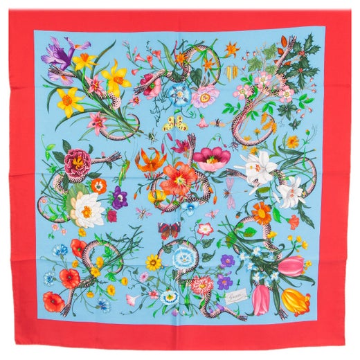 GUCCI foulard imprimé FLORA SNAKE en soie rouge et bleue sur 1stDibs