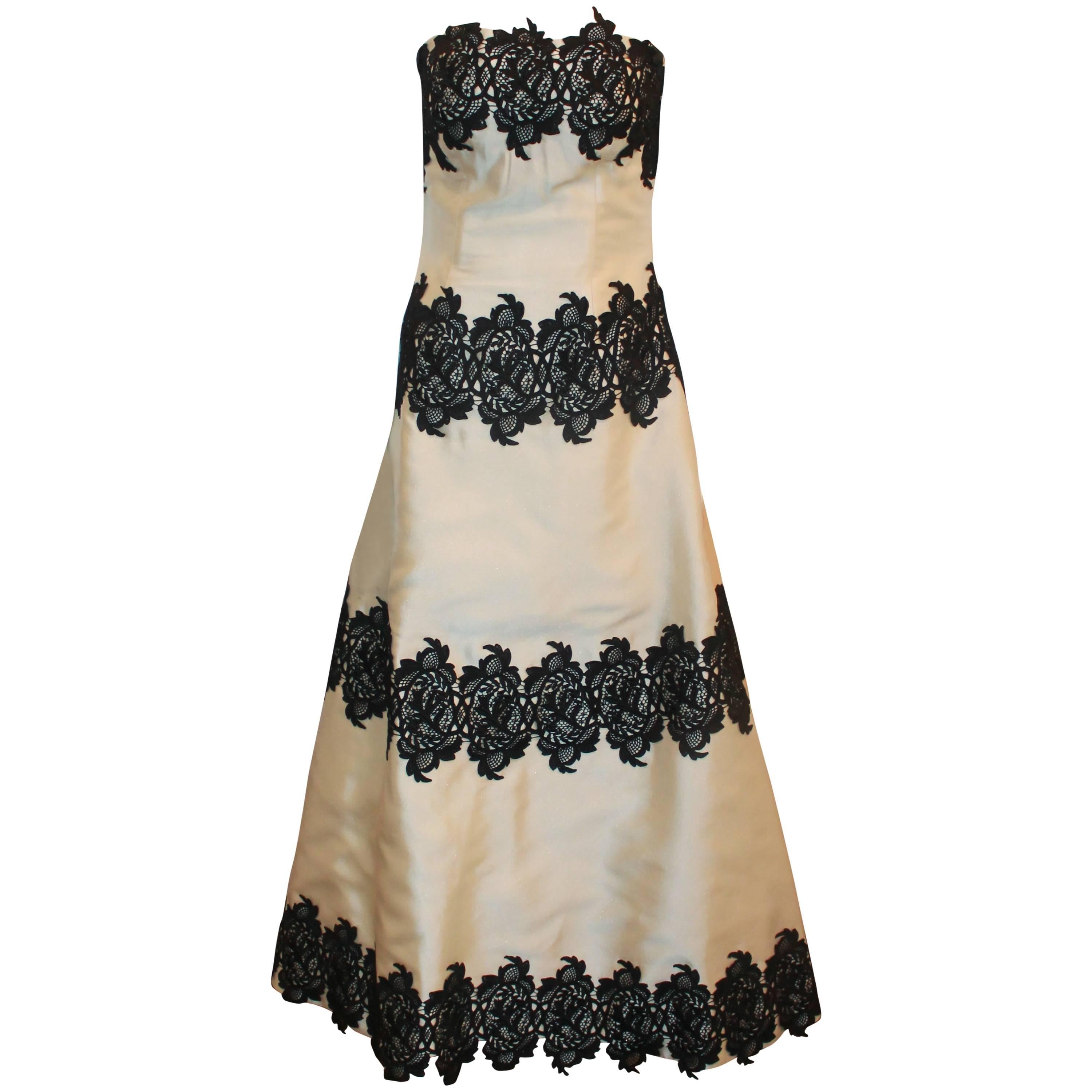 Helen Morley Ivory Silk Blend w/ Black Lace Strapless Gown w/ Shawl - 12