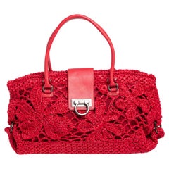 Salvatore Ferragamo Red Woven Straw and Leather Flap Satchel