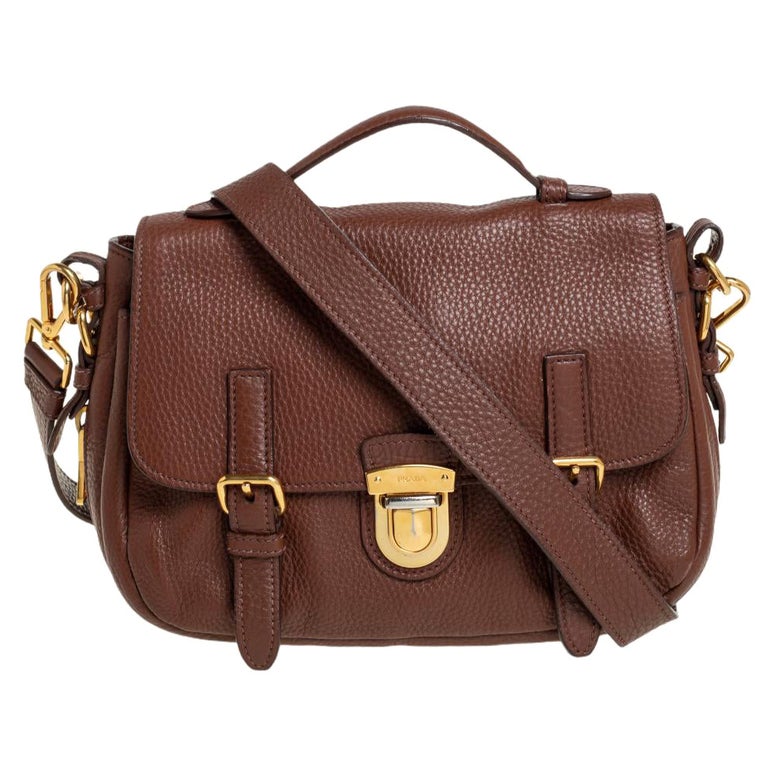 Vintage Prada Brown Pebbled Leather & Nylon Messenger Shoulder Bag Satchel
