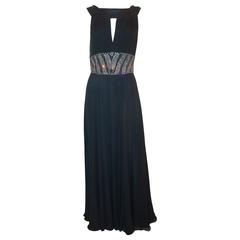 Reem Acra Navy Silk Chiffon Gown w/ Rhinestones, Ruched Bust, & Keyhole Slit -10