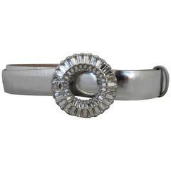 Chanel Silver Metallic Belt w/ Circular Baguette Rhinestone & "CC" Buckle -36 in