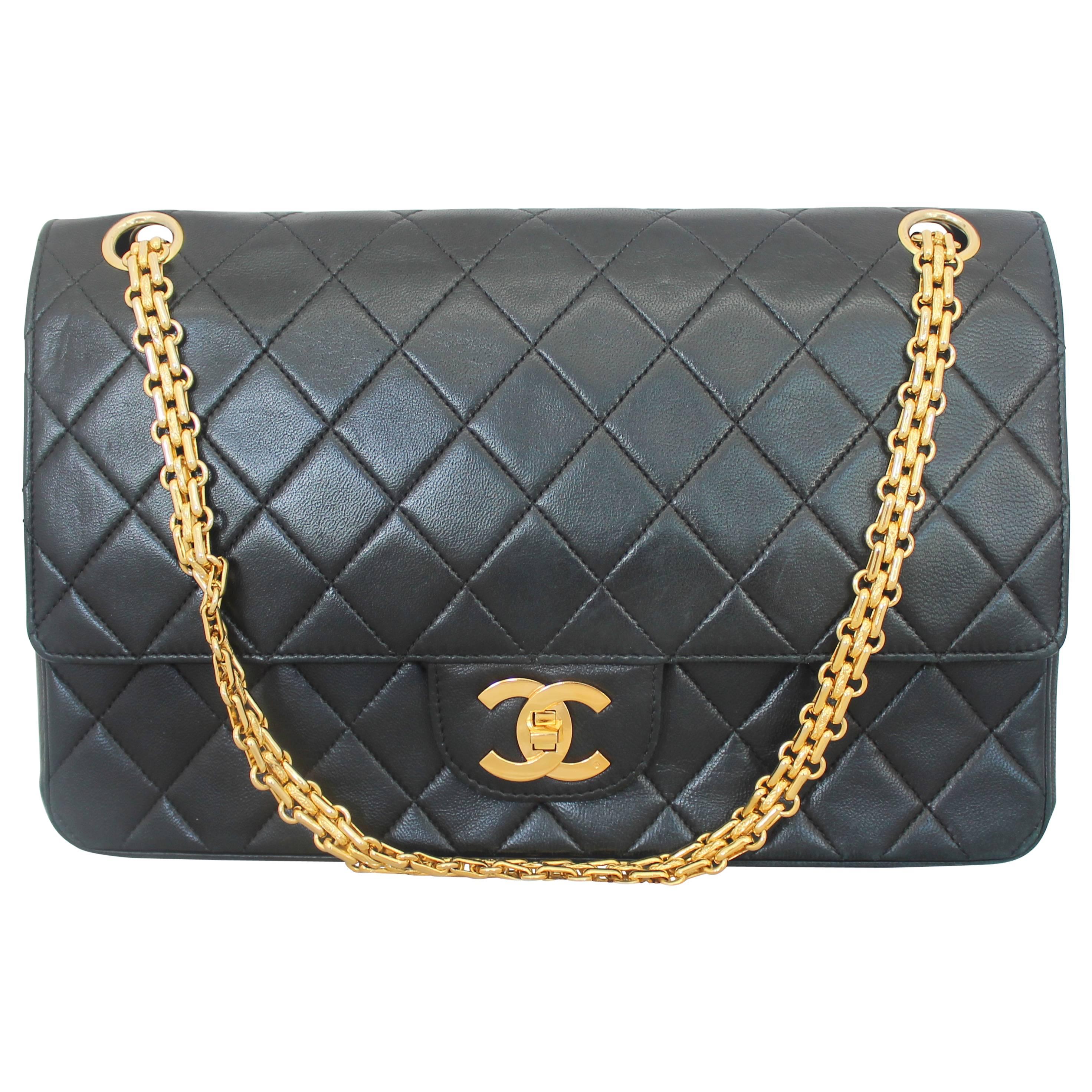 Chanel Black Quilted Lambskin Classic Double Flap Handbag - GHW - Circa 1980's