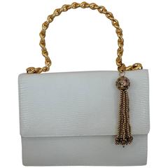 Lana Marks White Lizard Handbag w/ Gold Link Handle & Chinese Cloisonné Tassel