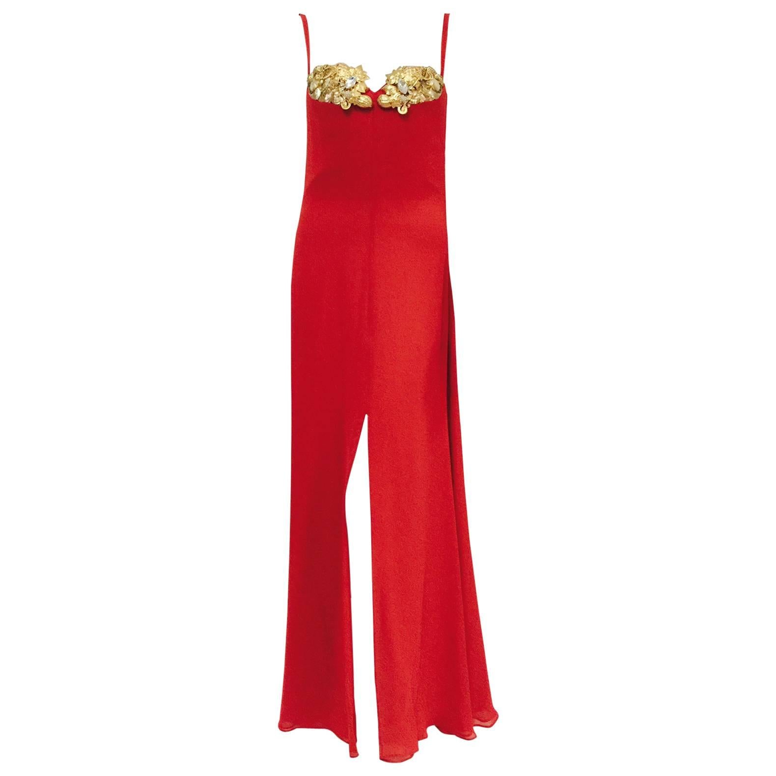 1990s  Gianfranco Ferre Red Silk Gown w. Gold Embroidery and Crystals For Sale