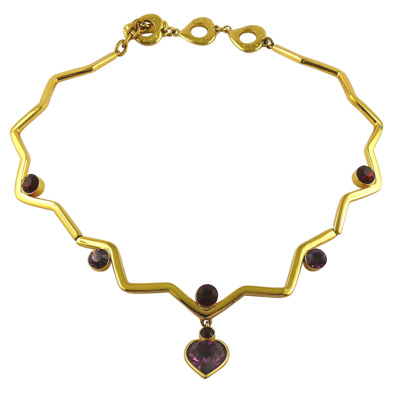 Yves Saint Laurent YSL Vintage Gold Toned Zig Zag Crystal Heart Pendant Necklace For Sale