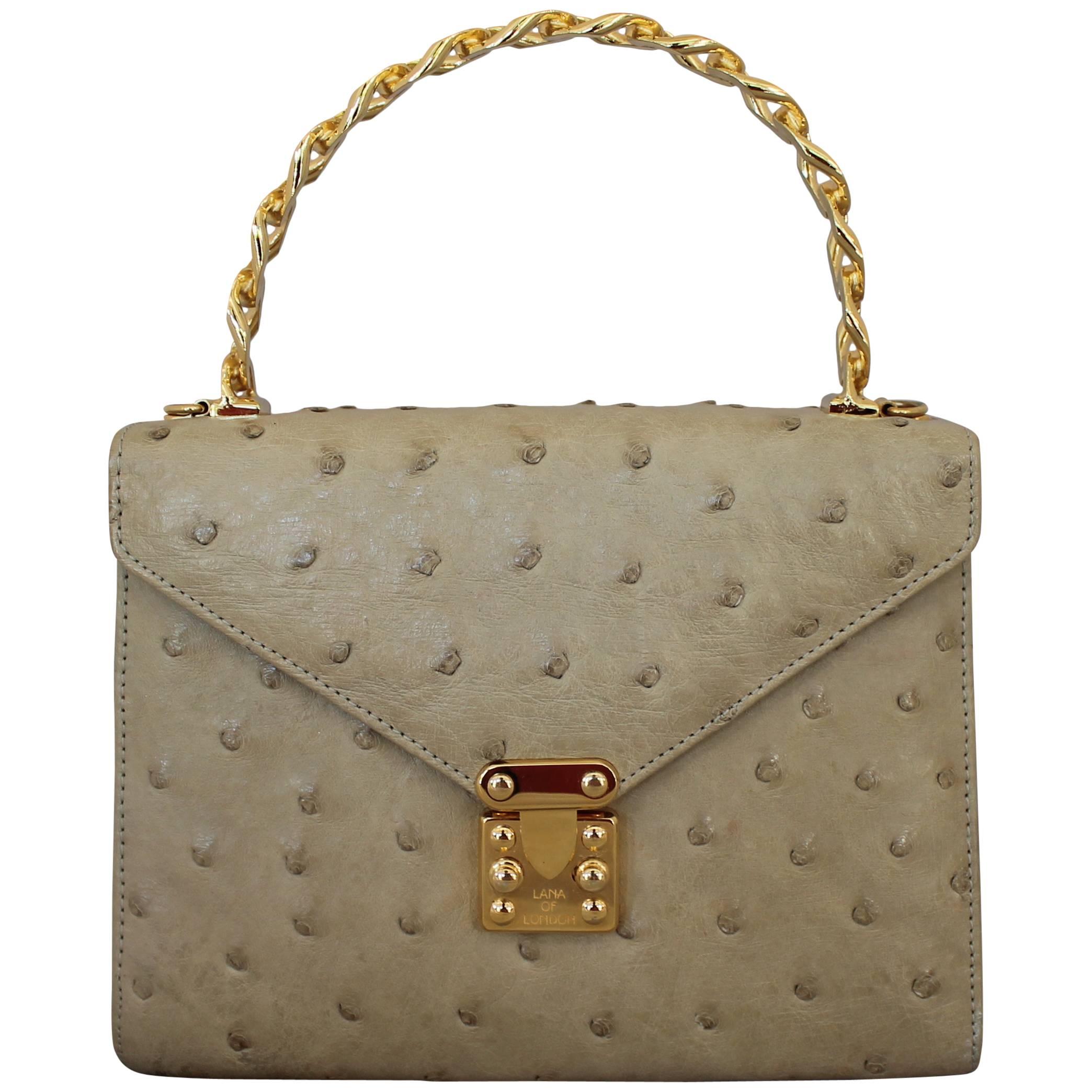 Lana Marks Vintage Beige Ostrich Small Top Handle Bag w/ Crossbody Strap - GHW