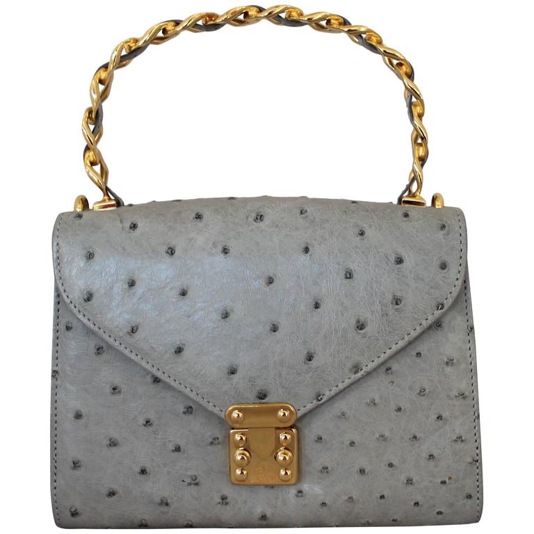Lana Marks Vintage Grey Ostrich Small Top Handle Bag w/ Crossbody Strap - GHW at 1stdibs