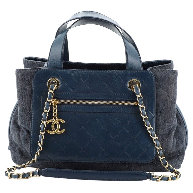 Chanel Shopping Tote Quilted Denim with Stitched Calfskin Medium