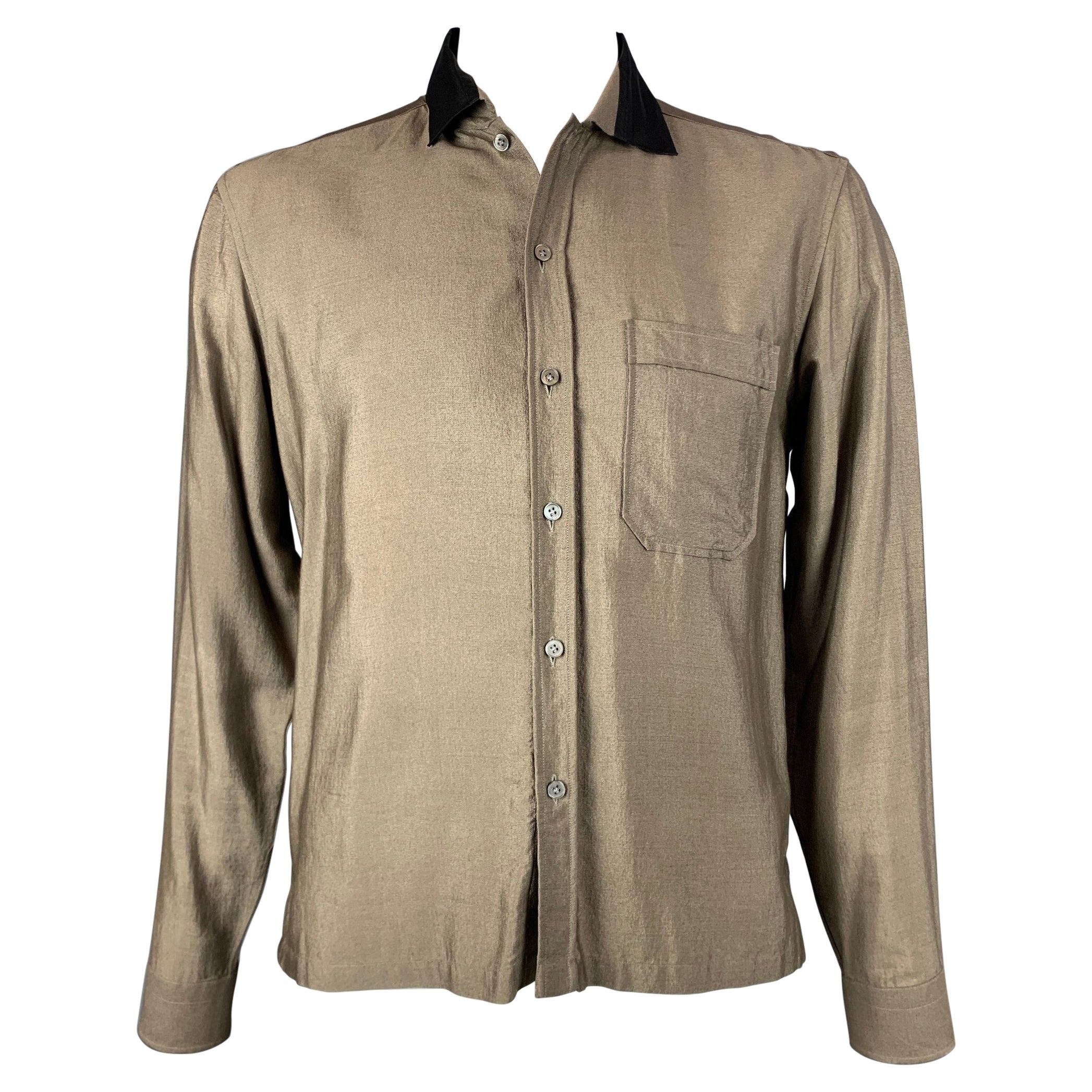 LANVIN Size XL Olive & Black Silk / Wool Long Sleeve Shirt